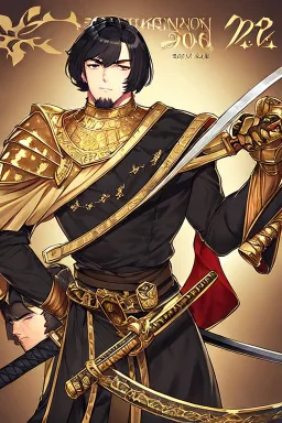 A handsome 30 year old knight, black hair, male bob haircut, in black-and-gold plate armor, golden katana in both hands, no beard, european