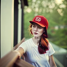 woman with a red baseball hat. leaning on a wooden balcony.night time. studio lightining.