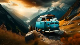 Turquoise and cream Volkswagen Type 2 parked at the edge of a steep cliff, majestic mountains with snow-capped peaks in the background, dramatic clouds brushing the summits, wildflowers swaying in the wind surrounding the wheels, eagles soaring above the deep valley, golden sunset light, vintage adventure photography style