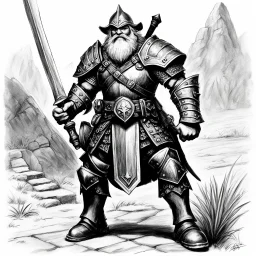 (black and white traditional pencil sketch digital drawing on paper by Ray Harryhausen) the senior AD&D dwarf ranger character class. Weapon: broad sword and long dagger, armour: preference for medium, powers: track, hide in wild, convince