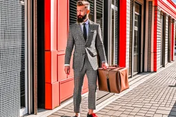 bearded man in elegant suit with checkered skirt on high heels standing next to a restaurant holding a laptop case in sunshine