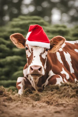 photo of a spotted cow wearing a Santa hat