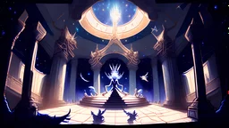 Drawing an imaginary character of a queen sitting on a throne, and behind the throne ((a dragon)) sitting inside a wide hall with columns and many people sitting around the edges of the hall. On the ceiling of the hall are bright stars and a scene of the galaxy, and the scene is three-dimensional.