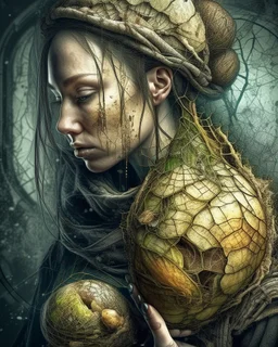 Grunge, woman as a decaying dried out Pear intricately showing its internal structure and seeds, cyberpunk, ultra unique natural textures, slight imperfections, vray. Modifiers: fantasy intricate dynamic lighting fantastic view hyperrealistic Unreal Engine matte background cinematic postprocessing VRay acrylic art pencil sketch creepy art station Gustave Klimt wet on wet watercolor Double exposure wet on wet Craig Rutkowski intricate fantasy