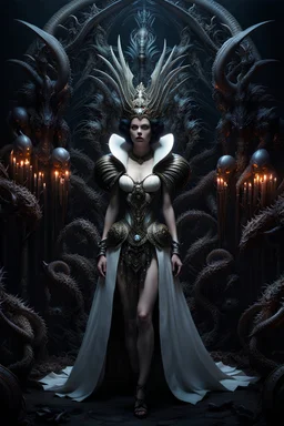 Giger style dark fairytale style Snow-White, full body shot, leading an army of monsters, deep colors, detailed matte painting, fantastical, intricate detail, splash screen, colorful, fantasy concept art, 8k resolution, Unreal Engine 5, beautiful iris, sharp focus, centered, symmetric