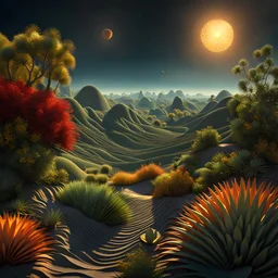 An incredibly peaceful detailed landscape, Max Ernst, Henri Rousseau, Haji Widayat, primordial nature, sun, strong texture, extreme detail, intricate, strong colours, bas-relief, high resolution, volumetric light, 8k, 3d, cinematic, rich moody colors, sparkles, decal, octane render, 55mm photography, 8k, sharp focus, volumetric light, ZBrush