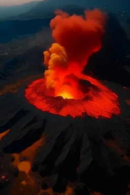 looking down into huge volcano thats exploding very dangerous cinematic