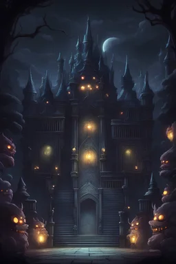 Outside the dark palace at night, where the lights are on, along with two monsters on the left and right