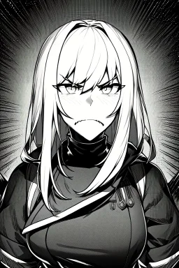 angry blonde girl, angry pose, greyscale