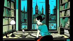 pen and ink, illustrated by hergé, a lonely woman inside her beautiful mid century modern NYC apartment with big windows overlooking the city at night. Sadness, stunning color scheme, masterpiece