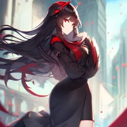 Clear focus,High resolution, Black sleeveless fluffy Shirt, Black short skirt with Red under it, Cut sleeves that are Black, Standing still, Black long hair, Red eyes, Red horns