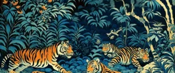 A dark blue jungle with tigers and chameleons painted by Katsushika Hokusai