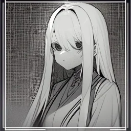  long white hair, short, cute, Line art, dead eyes, emotionless face,