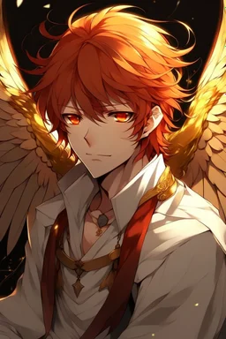 A male anime angel with messy red hair, gold eyes, large, feathered wings that look damaged.