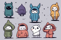 6 simple shaped hand drawn cartoon characters that are cute dark and have hoodies