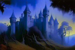 A purple haunted castle filled with ghosts painted by Caspar David Friedrich