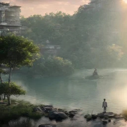 In the anime, a young male character is near the green lake in the sunset afternoon.