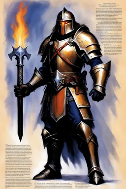 character concept sheet with AD&D statistics and characteristics, [illustration by Jeff Easley] the towering warrior character class: use war hammer and heavy armour, special power: summon glowing internal molten fire, aura of fire
