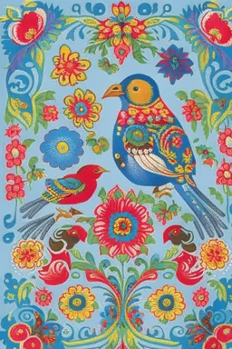 Norwegian folk art bunad pattern rosemaling style with birds, flowers. Vivid colors, High details