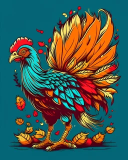 A humorous t-shirt design featuring a turkey with its back turned, showcasing its colorful feathers and legs, The design should have a retro cartoon vibe, with bold colors and a hand-drawn feel. It should also incorporate elements of Thanksgiving, such as fall leaves or a pumpkin. This design is meant to be playful and eye-catching, perfect for the holiday season.