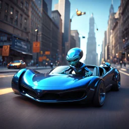 Magnetic blue cartoon alien driving a shiny black open sports car on a Manhattan road, character portrait by Mike Winkleman, featured in cgsociety, pop surrealism, rendered in cinema4d, daz3d, behance hd