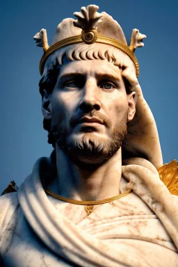 Realistic image, Roman sculpture made in white marble with gold veins, Lionel messi with gold laurel leaves crown, decorative star on the chest, waist up portrait,marble material, gold ornaments, Renaissance style, sun rays background, epic, celestial, cinematic lighting, God lights, 4k resolution, smooth details, soft lighting, unreal engine 5, art station, substance 3d.