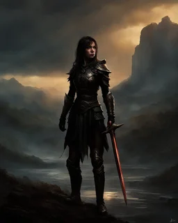 A formidable warrior girl in black armor, on the background Amazing gloomy landscape, flooded with sunset, mountains, trees, fabulous scary hero, , juicy emotions, painting, dark fantasy, gloomy day, dark world, portrait, by James Paick