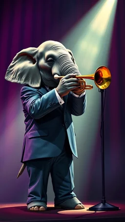 An elephant playing the trumpet on the stage wearing a suit