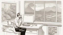 الصورة تعرض ستيف جوبز وهو جالس في مكتبه الخاص، وراءه نافذة تطل على مناظر طبيعية هادئة. يظهر جوبز وهو يرتدي ثوبًا بسيطًا ويتلقى مكالمة هاتفية بينما يعمل على جهاز كمبيوتر محمول. يتسم وجهه بتعابير التفكير العميق والابتسامة الخفيفة، مما يشير إلى تركيزه الشديد وتفكيره الابتكاري. على مكتبه، يمكن رؤية مجموعة من المخططات والنماذج المصغرة لأجهزة تكنولوجية، مما يظهر اهتمامه بالتفاصيل والتصميم المميز. كما يمكن أن نلاحظ تواجد كتب وأدوات كتابة، مما يشير إلى تطلعه المستمر للمعرفة والابتكار. الإضاءة في الصور