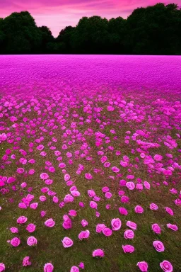 a field of purple roses, pinkish sky