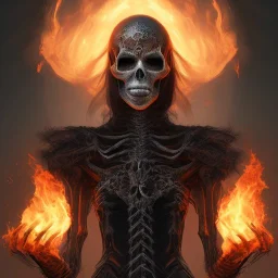 A skeletal man with fiery eyes, a black and leather dress, a long black cloak, a big skeletal and fiery horse, full HD, 4K, 8K, magical, fantasy, 3D, symmetrical, detailed and complete painting