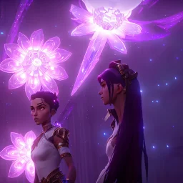 one big crystal subtle flower in a galactic ambiance with a beautiful fairy, transparent petals, delicate colors, finely tuned detail, ultra high definition, 8 k, unreal engine 5, ultra sharp focus