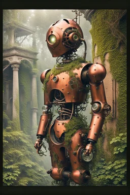 COPILOT PROMPT A majestic, eight-foot-tall automaton, constructed from polished copper and oiled wood, stands in a desolate, overgrown garden. Vines and moss cling to its metallic limbs, and a single, glowing glass eye seems to observe the world with quiet contemplation. A small puff of steam escapes from a valve on its chest, giving the only sign of life. The background is the rusted, decaying façade of a grand Victorian manor, half-swallowed by the wilderness. The scene should be lit with a s
