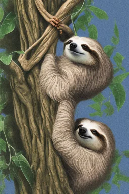 Simple drawing of Sloth hanging from tree