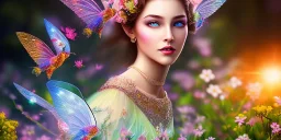 bright fairy, beautiful portrait, flowery landscape