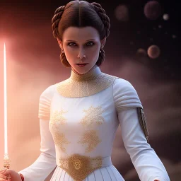 model shoot style, digital art zoomed out portrait of (Princess Leia) ((dressed in white and off white gown)), surrounded by planets, ultra-detailed, ultra quality, ((official character art)), (dark fantasy), illustration, eerie atmosphere, 8k, cinematic lighting, bokeh