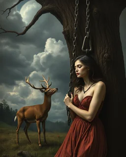 Bosch painting style, nightmare , a beautiful woman tided to a tree , with iron chains, And a deer is watching her sadly, trying to help her great quality picture with cinematic scenes , heavy clouds in the background