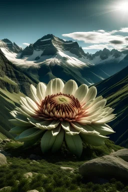 a giant flower with an alpine mountain range at its center