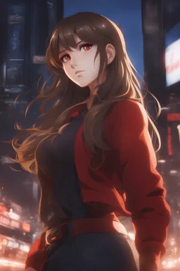 (masterpiece), (anime style), award winning, centered, looking toward camera, long brown hair, confident young woman, red eyes, intricately detailed modern setting, dynamic lighting, dynamic composition, ultra detailed, (epic composition, epic proportion), professional work, wearing casual clothes