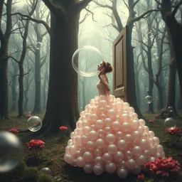 Bubbles and a pinch of surrealism... a wman in a ballgown made of bubbles, holding a transparent bubble, in a forest of surreal trees, with a open door into another room