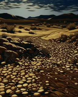 A dark brown desert with pebbles painted by Vincent van Gogh