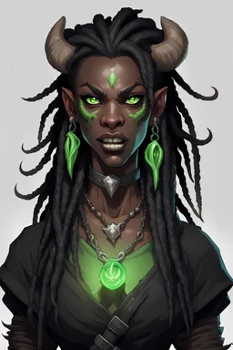 generate a dungeons and dragons character portrait of a female beast-human hybrid with black skin, dreadlocks, green piercing eyes, fangs and a thick nose. She is wearing black clothes and has tusks