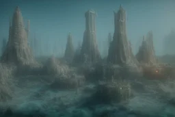 an underwater city with coral towers by "Leonora Carrington" and "Max Ernst"