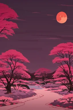 a land scape of Japanese garden, big red moon, red light, black sky, starlight night , surrounded by cherry blossom trees, cel shading