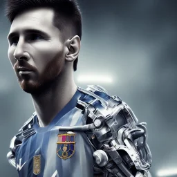 lionel messi perfect face and portrait post-apocalypse perfect cyborgs in a footbal stadium, sci-fi fantasy style, 8k,dark