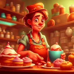 a cartoon character thirty years old confectioner , an ultrafine detailed painting by senior character artist, featured on polycount, sots art, artstation hd, 2d game art, behance hd
