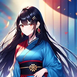 girl, masterpiece, best quality, volumetric lighting, dynamic pose, detailed outfit, perfect eyes, long hair, black hair, vibrant red eyes, hairclip, earrings, kimono,