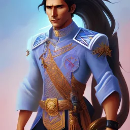 D&D character, male, long black hair in ponytail, dark tan skin, artificer, holding gun, light armor, chain armor, bust