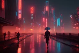 3D, beautiful, light reflecting, empty future city skyline at night, rainy night, neon, cyberpunk, tron, one cyborg walking, 8k, finely detailed, photo realistic