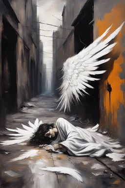 Abstract expressionism oil painting of an Urban alley grunge scene, fallen angel laying on ground in ripped robes, white stained wings, feathers misplaced, slight glowing, but broken halo. Dirty walls, graffiti in Latin, oil on the ground. Harsh shadows and goth undertones. areal view looking down , messy brush strokes, close up